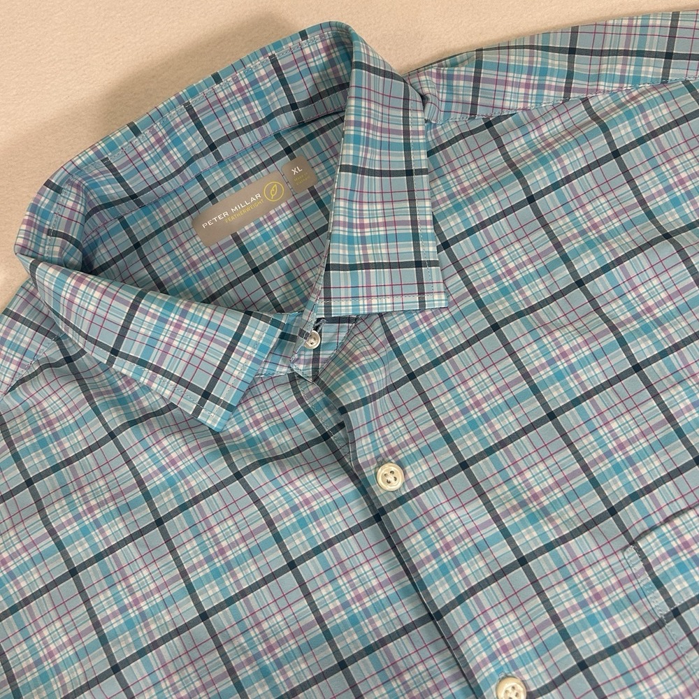 Peter Millar Featherweight Mens XL‎ Blue Plaid Performance Stretch Nylon Shirt